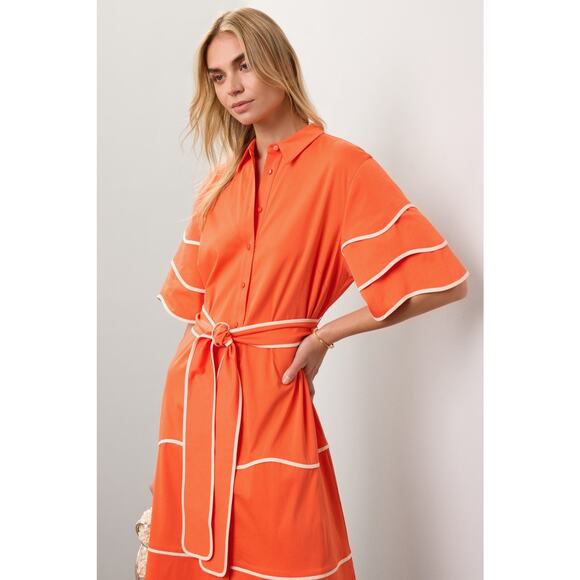 Alexis Rhodes Orange Short Sleeve Belted Tie Waist Midi Shirt Dress Size Large - Picture 4 of 16